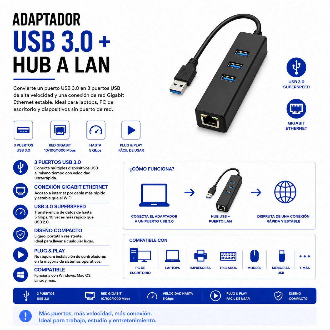 Adaptador USB 3.0 con Hub de 3 Puertos y Puerto LAN Gigabit