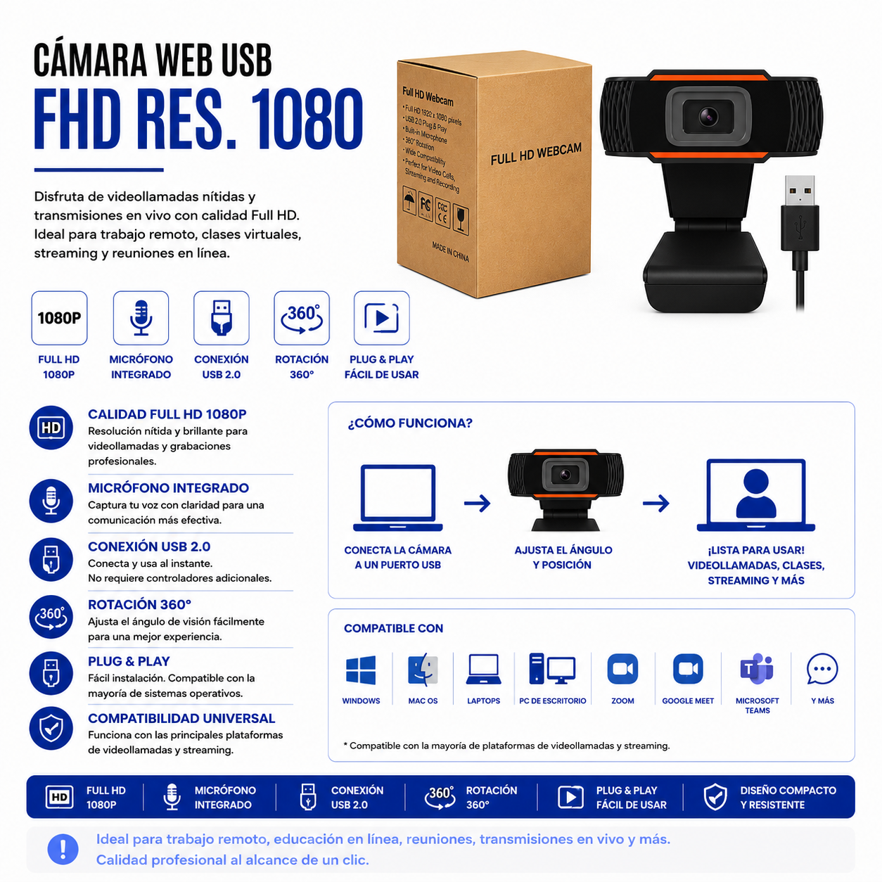 Cámara Web USB Full HD 1080p