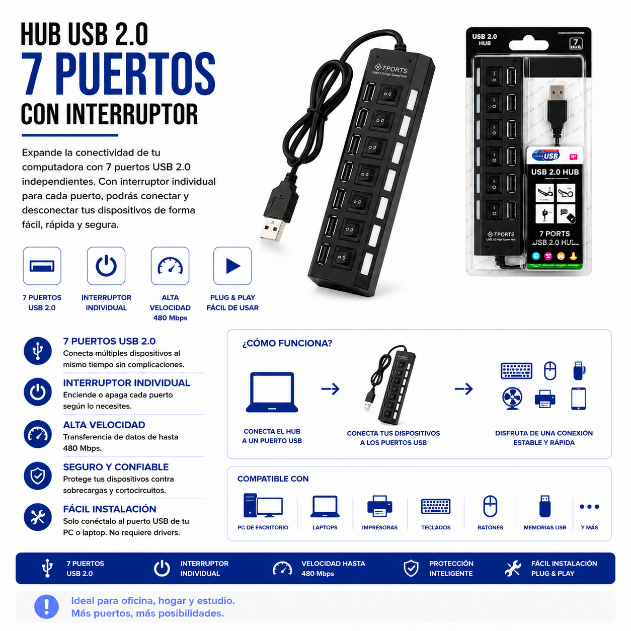 Hub USB 2.0 de 7 Puertos con Interruptores Individuales