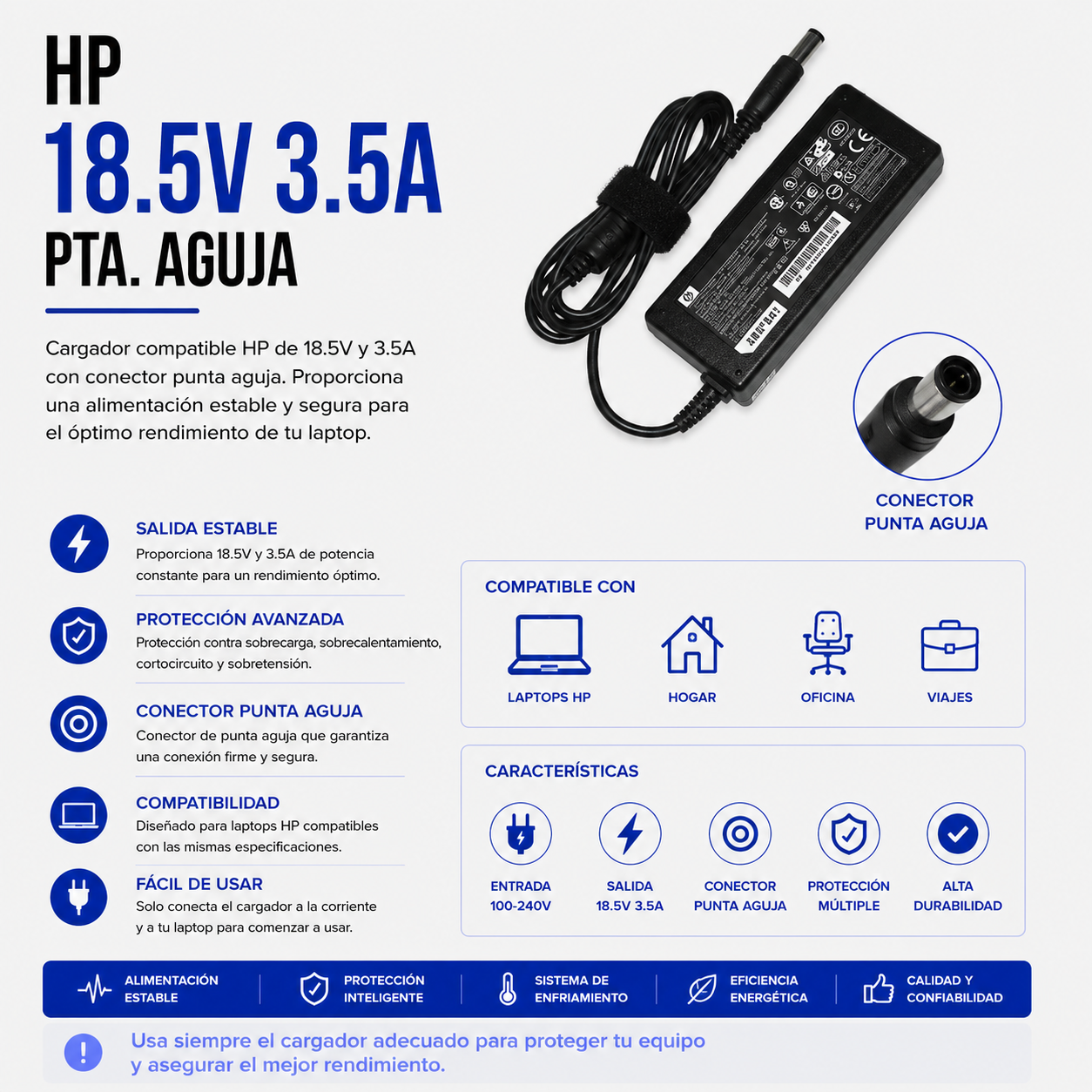 Cargador para Laptop HP 18.5V 3.5A – Punta Aguja