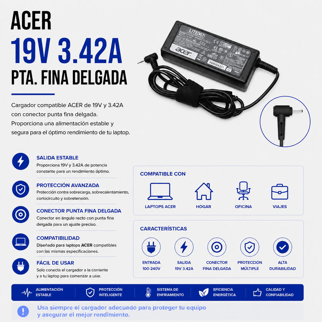 Cargador para Laptop Acer 19V 3.42A – Punta Fina Delgada