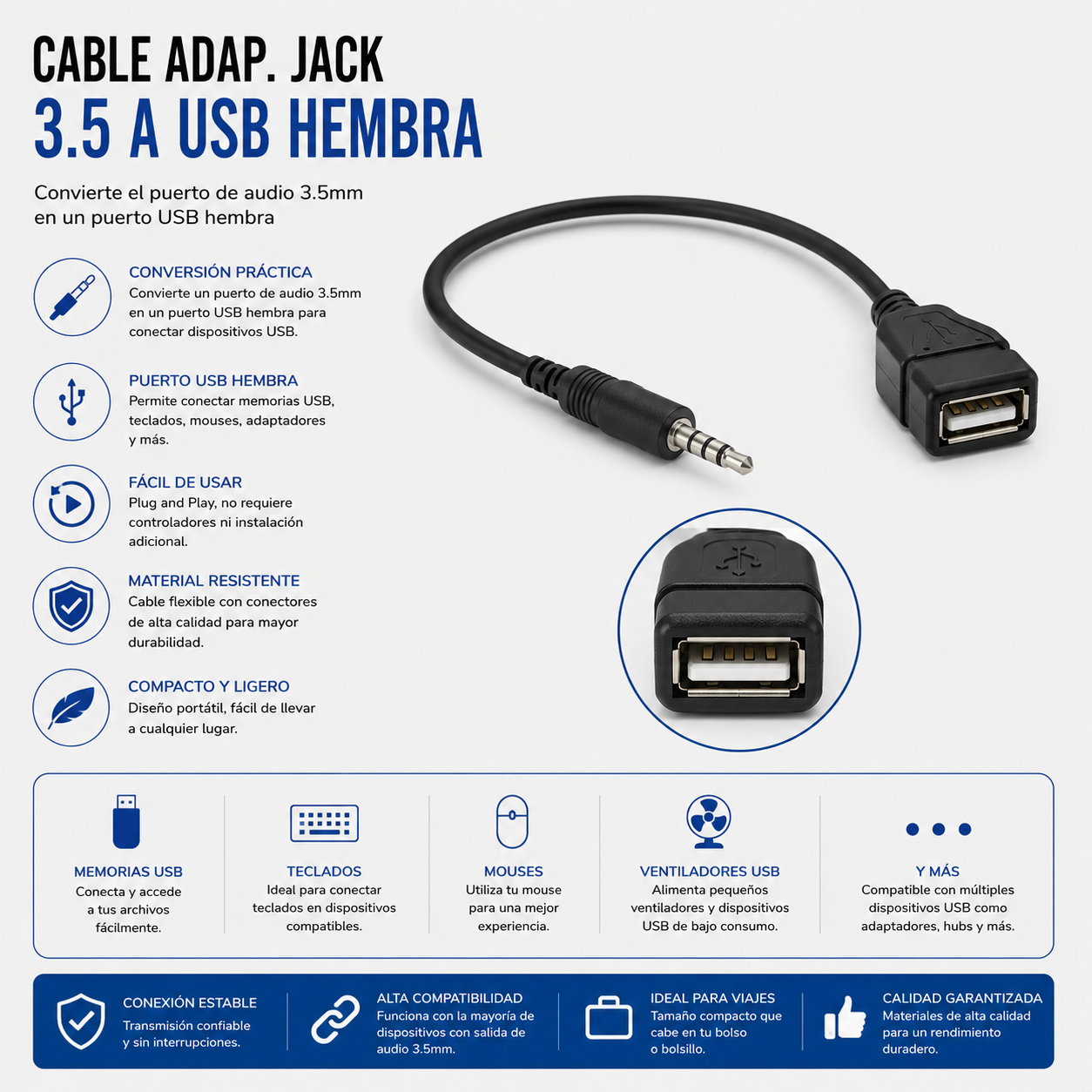 Cable Adaptador Jack 3.5 mm a USB Hembra