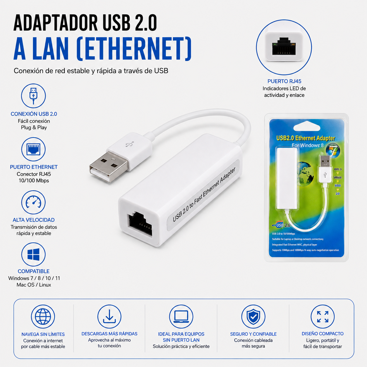 Adaptador USB 2.0 a LAN (Ethernet RJ45)