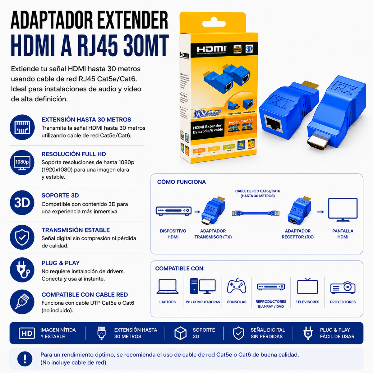 Adaptador Extender HDMI a RJ45 – Hasta 30 Metros