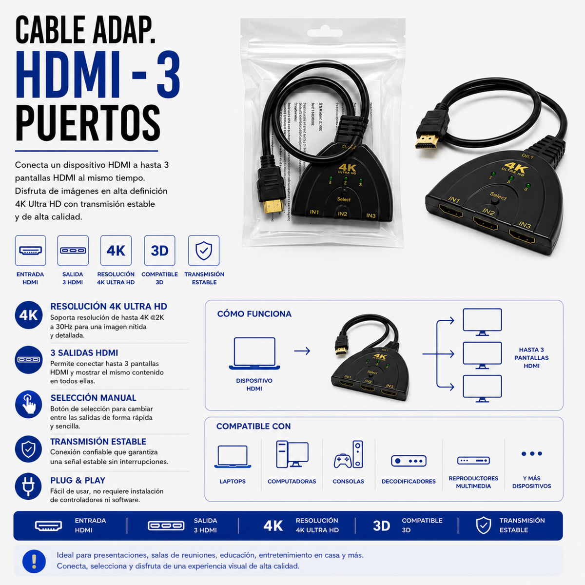 Adaptador HDMI 3 Puertos Bidireccional 4K