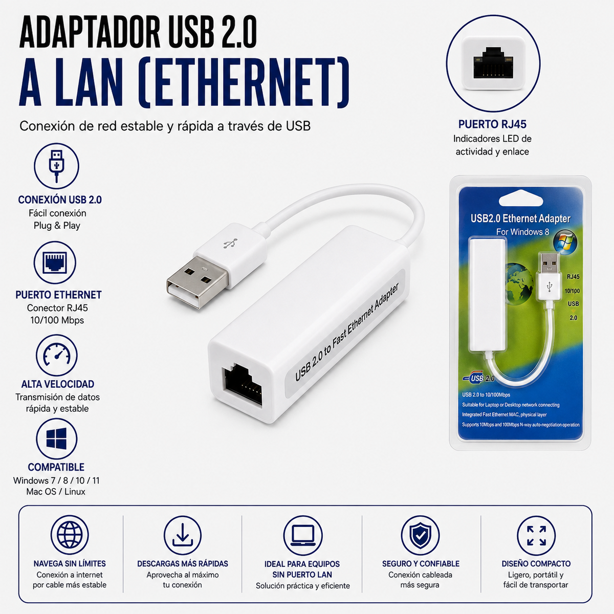 Adaptador USB 2.0 a LAN (Ethernet RJ45)