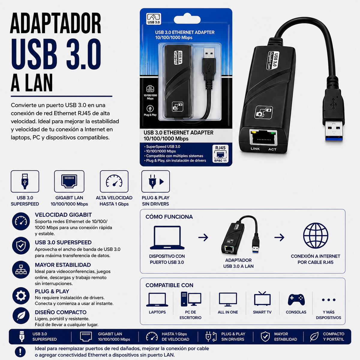 Adaptador USB 3.0 a LAN Gigabit Ethernet