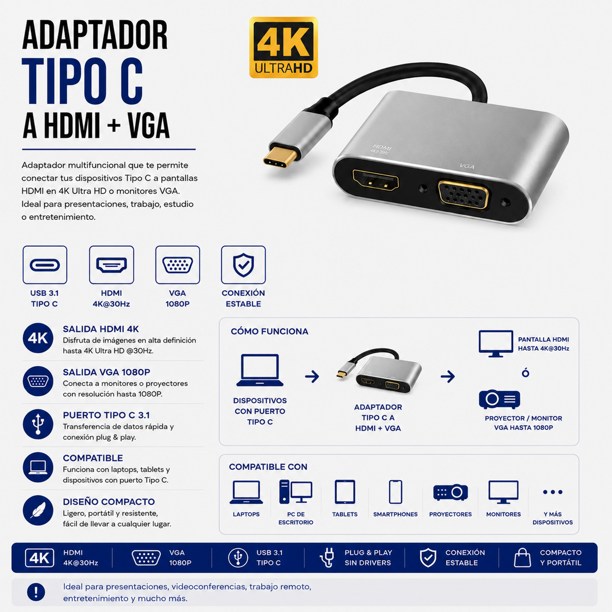 Adaptador USB Tipo-C a HDMI + VGA 4K