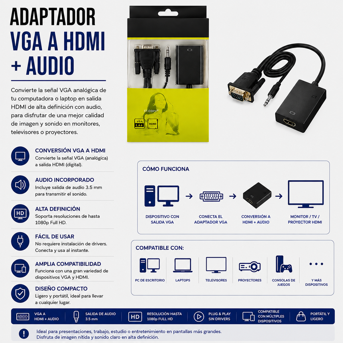 Adaptador VGA a HDMI con Salida de Audio