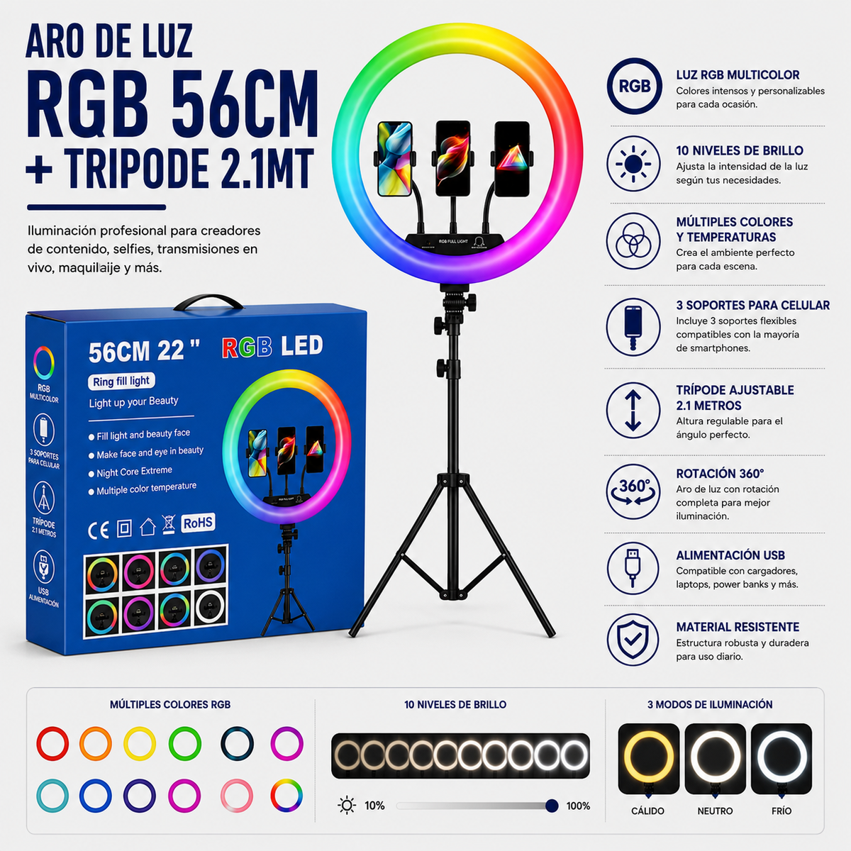 ARO DE LUZ RGB 56CM + TRIPODE 2.1MT