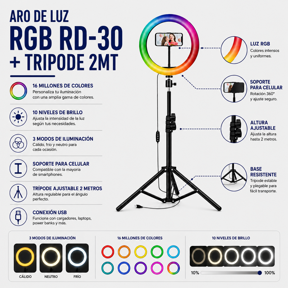 ARO DE LUZ RGB RD-30 + TRIPODE 2MT