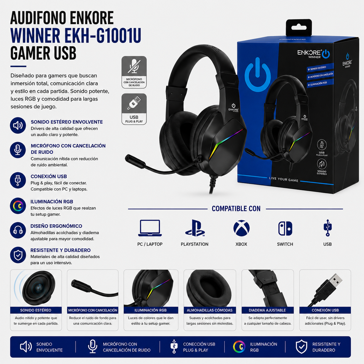 Audífono Gamer USB ENKORE Winner EKH-G1001U