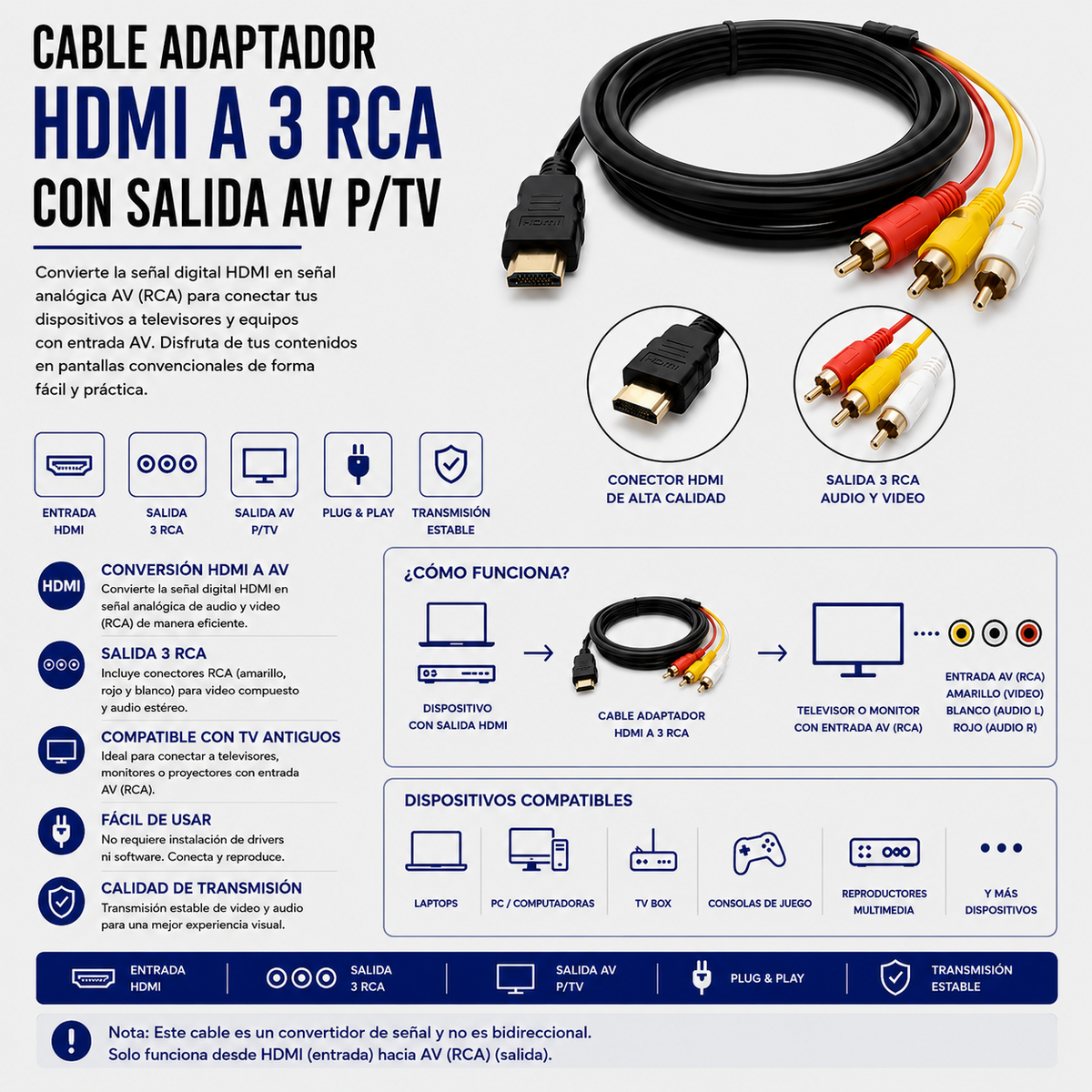 Cable Adaptador HDMI a 3 RCA (AV) para TV