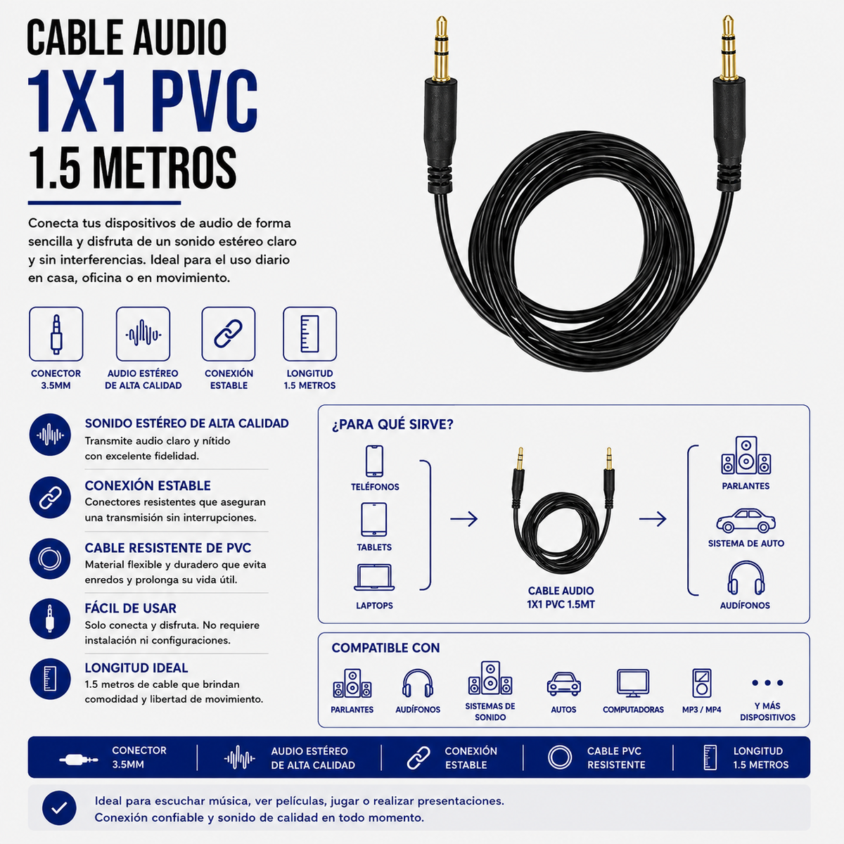 Cable de Audio Auxiliar 3.5 mm Macho a Macho – 1.5 Metros PVC