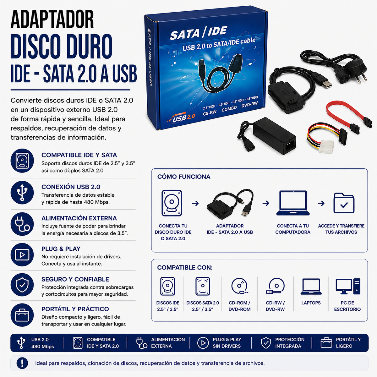 Adaptador para Disco Duro IDE / SATA a USB 2.0