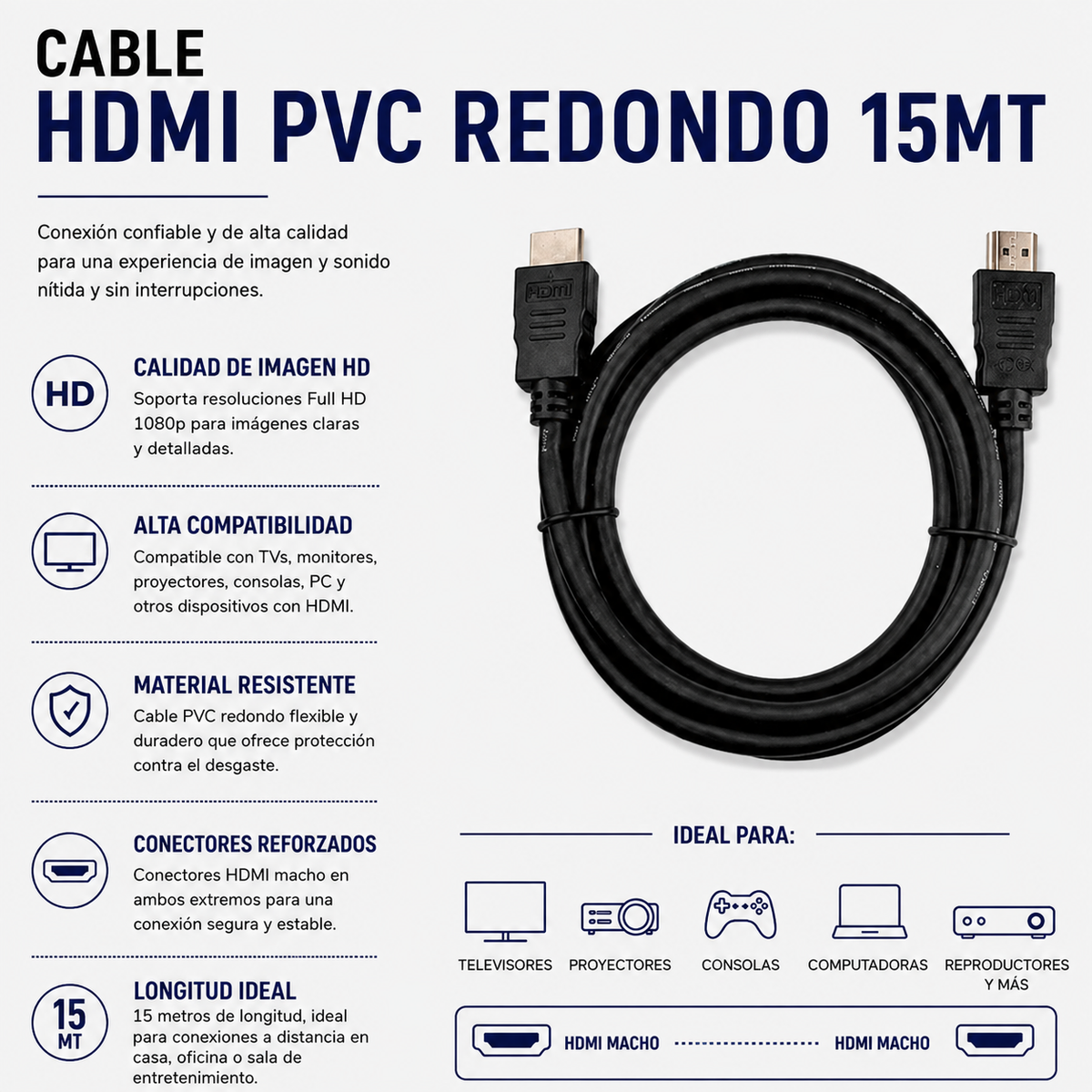 CABLE HDMI PVC REDONDO 15 METROS