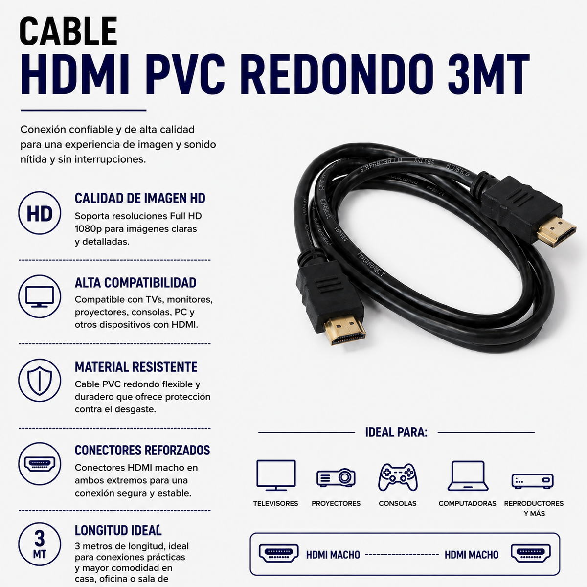 CABLE HDMI PVC REDONDO 3MTS