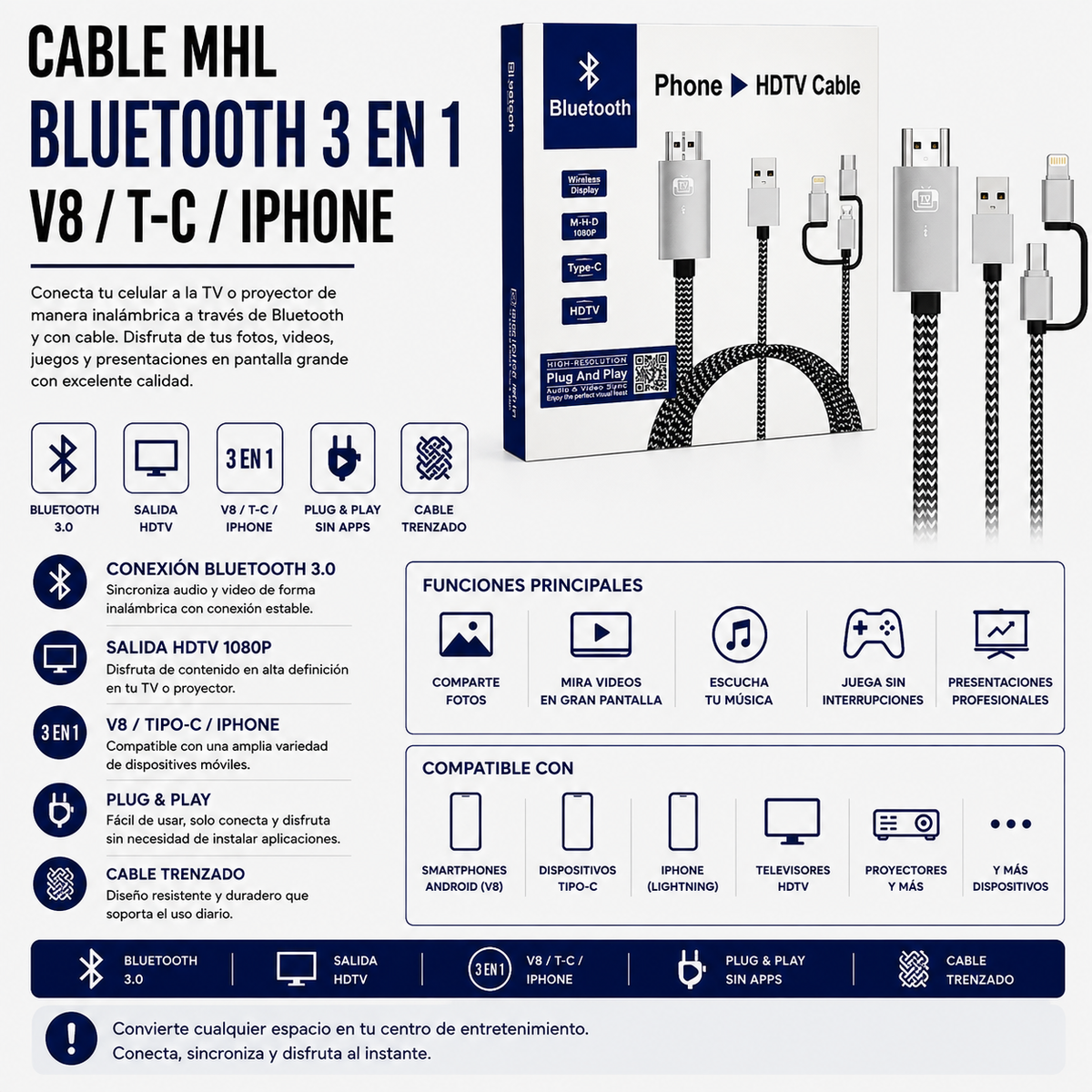 Cable MHL para Celular 3 en 1 – Micro USB, USB Tipo-C y Lightning a HDMI