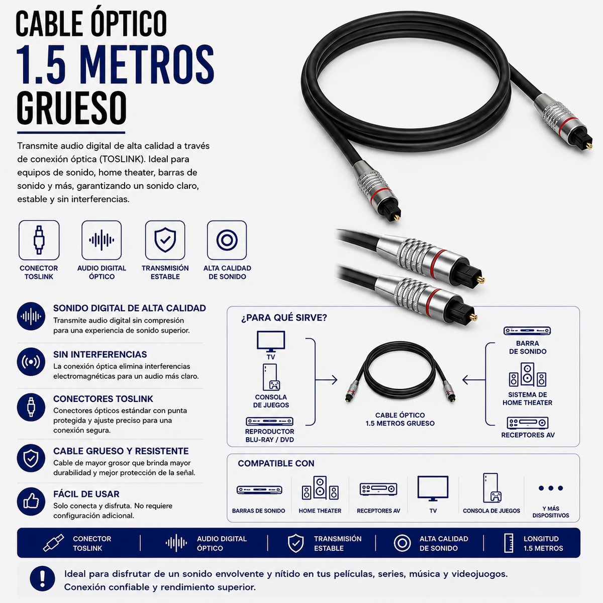 Cable Óptico de Audio TOSLINK 1.5 Metros Grueso