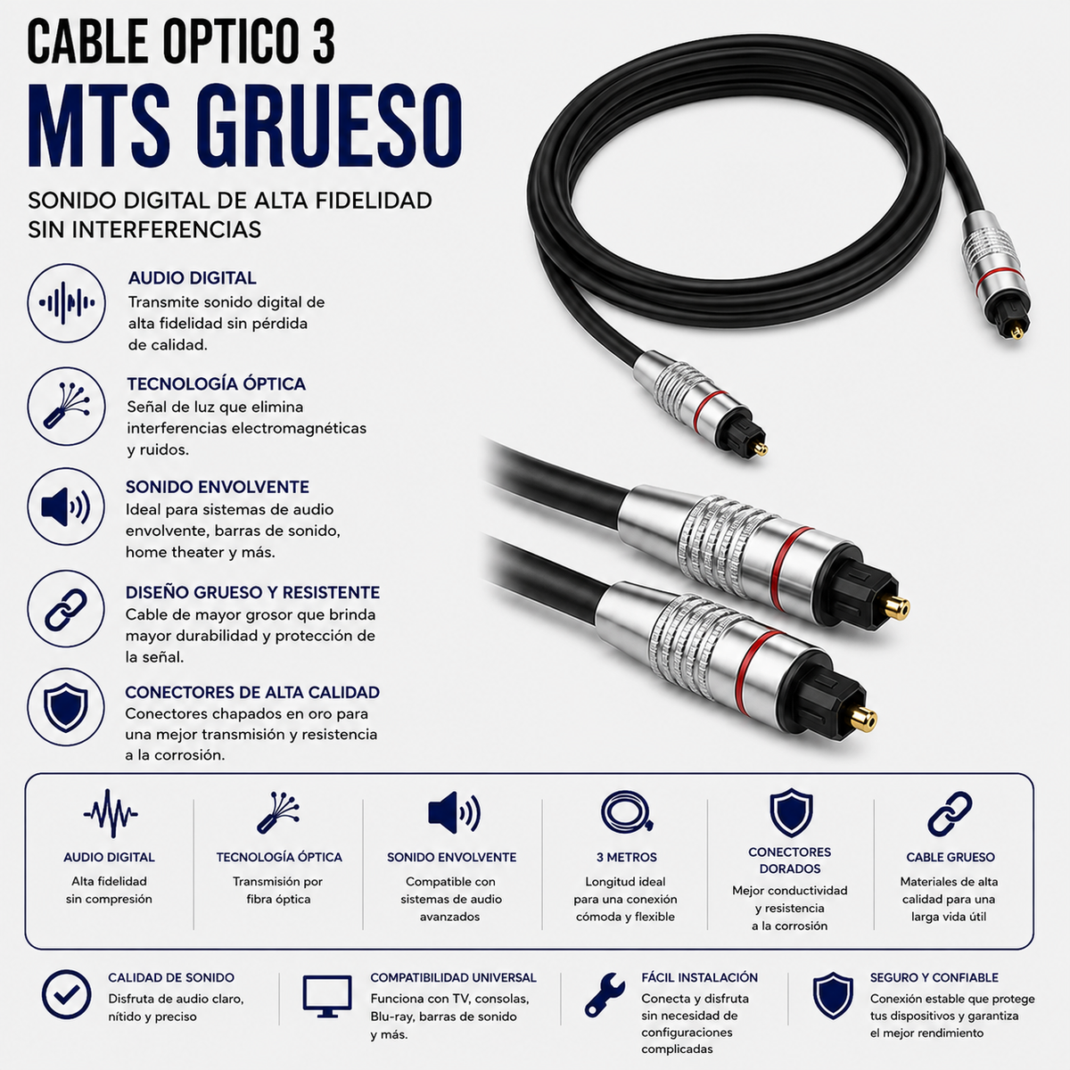 Cable Óptico Digital TOSLINK 3 Metros – Diseño Grueso