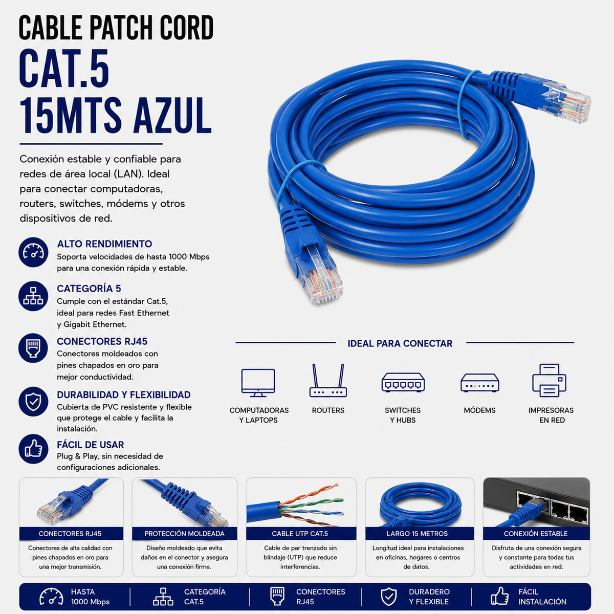 Cable Patch Cord CAT.5e 15 Metros Azul