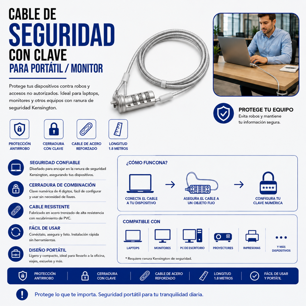 Cable de Seguridad con Llave para Portátil o Monitor
