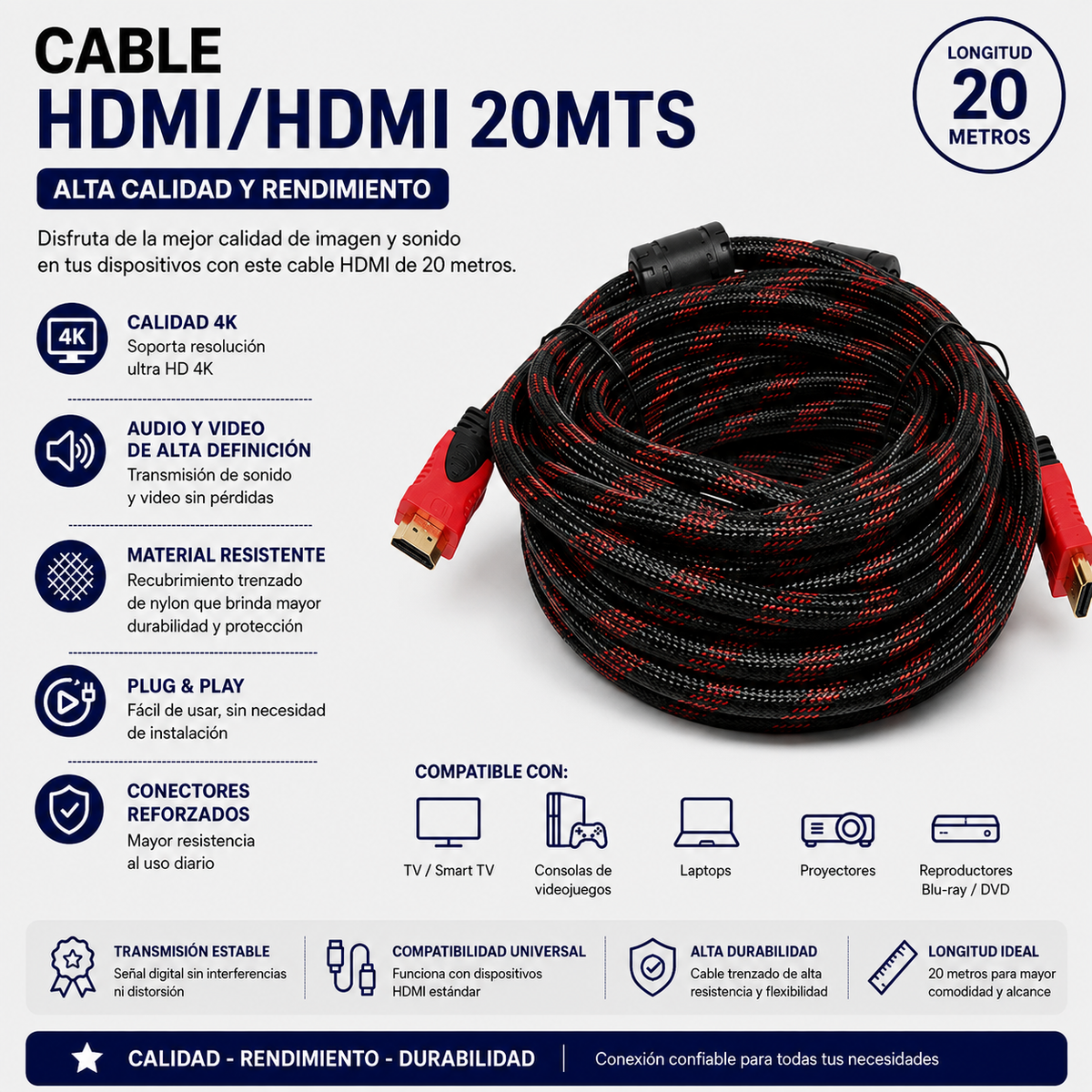 Cable HDMI a HDMI 20 Metros – Alta Velocidad para Audio y Video en Alta Definición