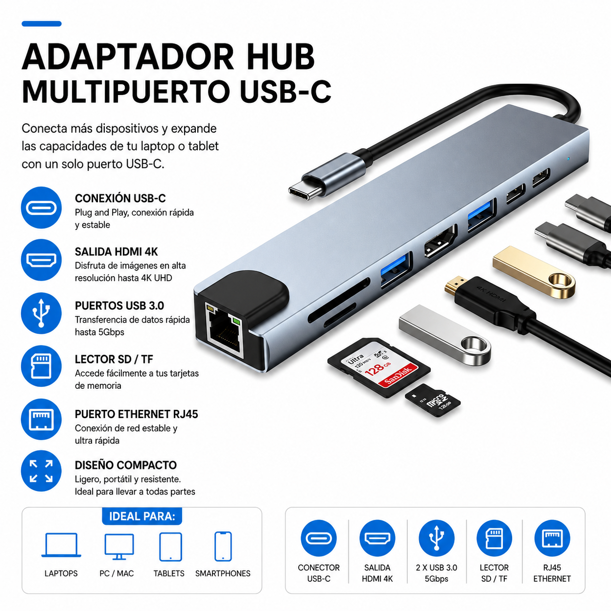 ADAPTADOR TIPO C A LAN + 2 USB 3.0 + MICRO SD + HDMI + TIPO C X2 (8 EN 1)