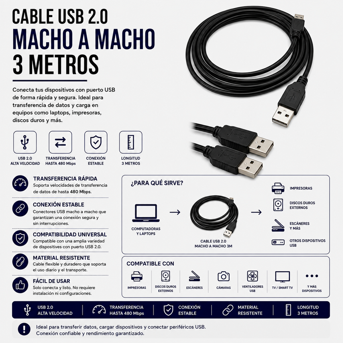 Cable USB 2.0 Macho a Macho – 3 Metros