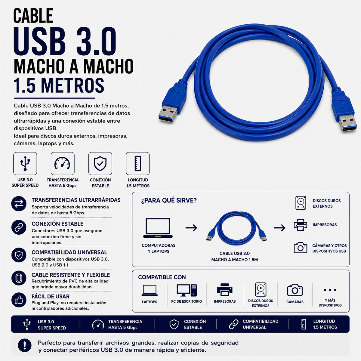 Cable USB 3.0 Macho a Macho – 1.5 Metros