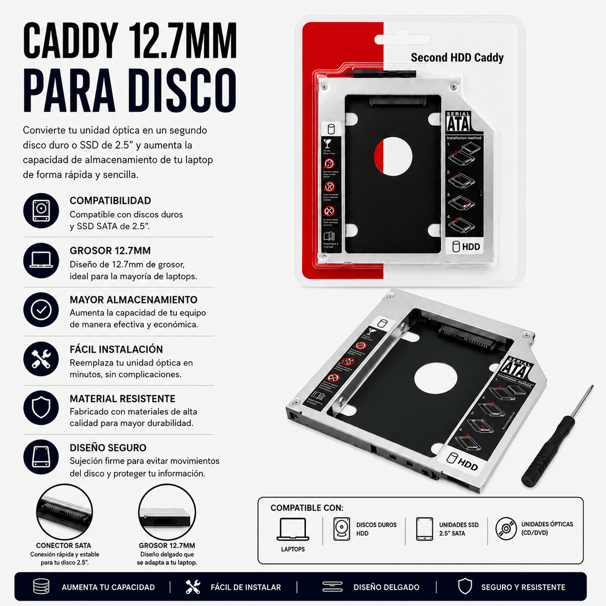Caddy SATA 12.7 mm para Segundo Disco Duro / SSD de Laptop
