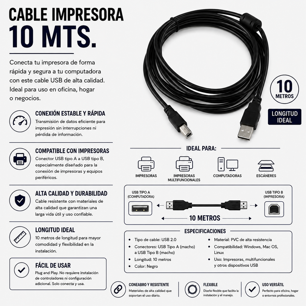 CABLE USB PARA IMPRESORA 10 Metros