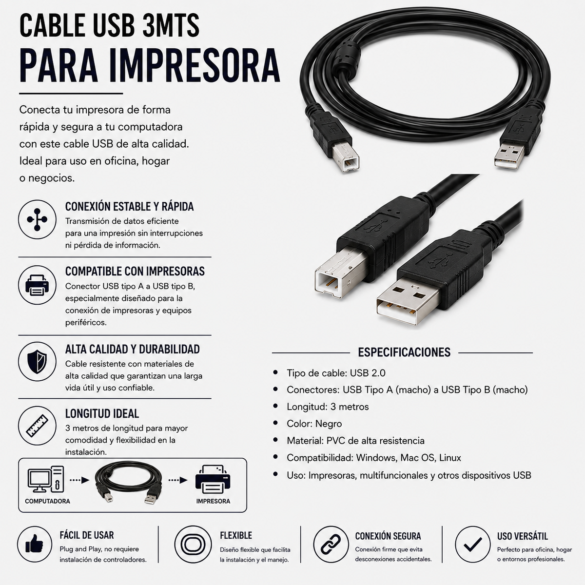 Cable USB para Impresora 3 Metros