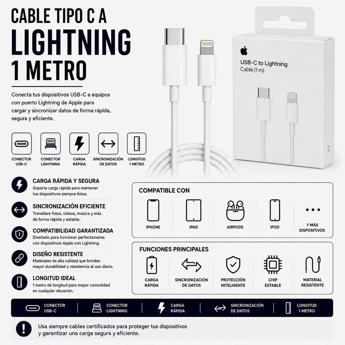 Cable USB Tipo-C a Lightning 1 Metro