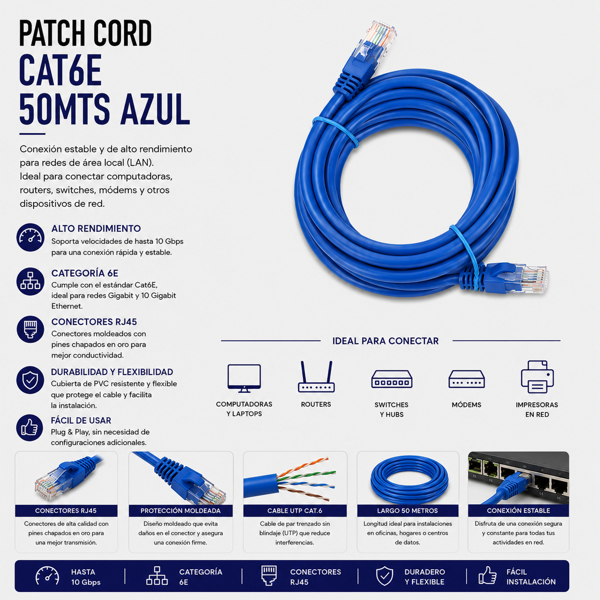 Cable Patch Cord CAT.6 50 Metros Azul