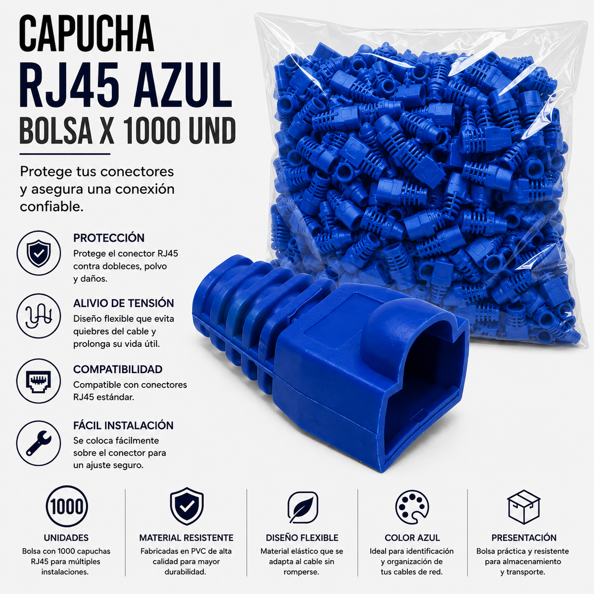 Capucha RJ45 Azul – Bolsa x 1000 Unidades