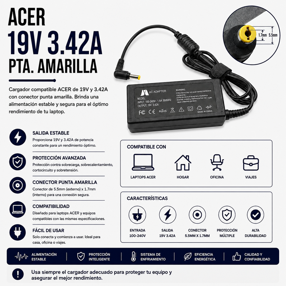 Cargador para Laptop Acer 19V 3.42A – Punta Amarilla