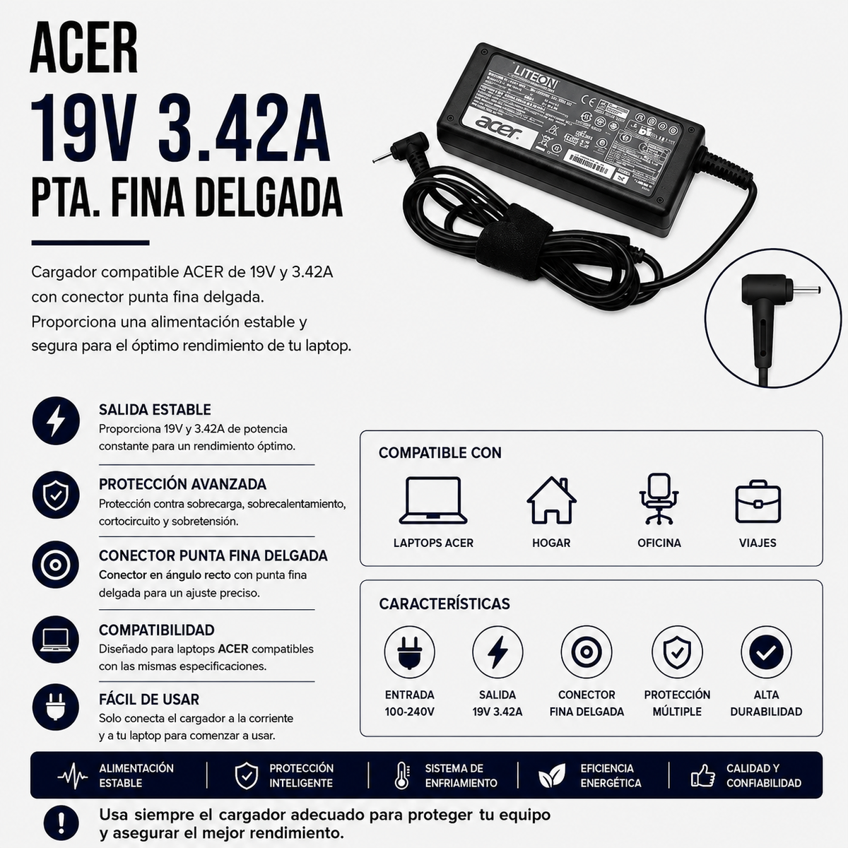 Cargador para Laptop Acer 19V 3.42A – Punta Fina Delgada