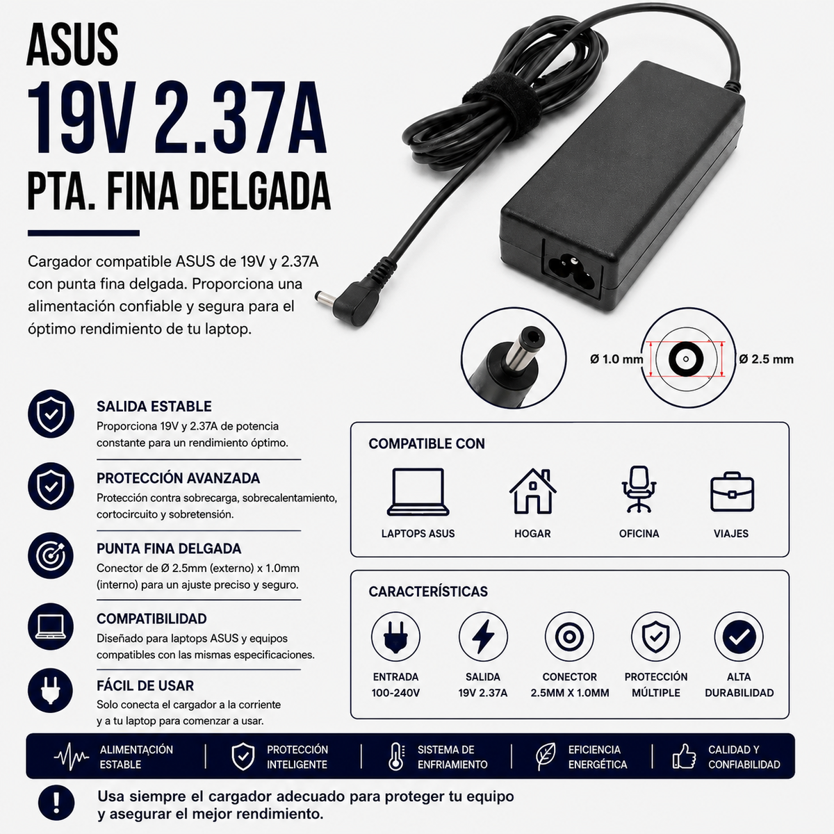 Cargador para Laptop ASUS 19V 2.37A – Punta Fina Delgada