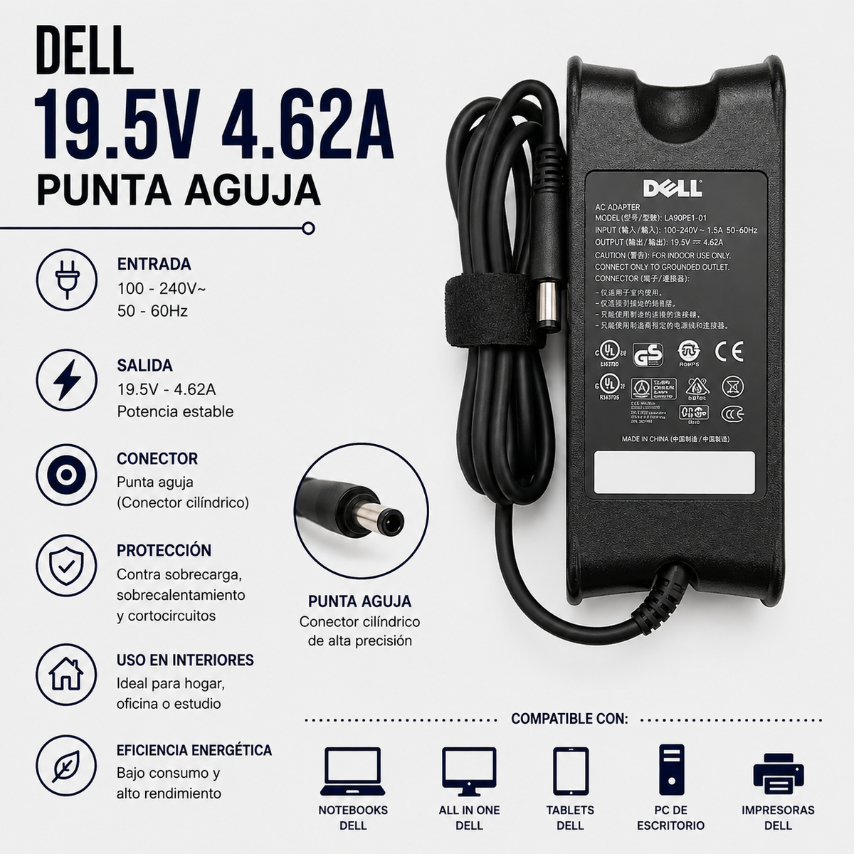Cargador para Laptop Dell 19.5V 4.62A – Punta Aguja