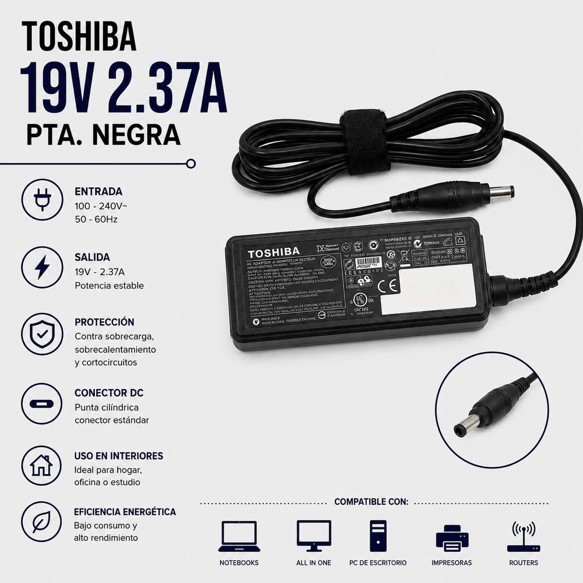 Cargador para Laptop Toshiba 19V 2.37A – Punta Negra