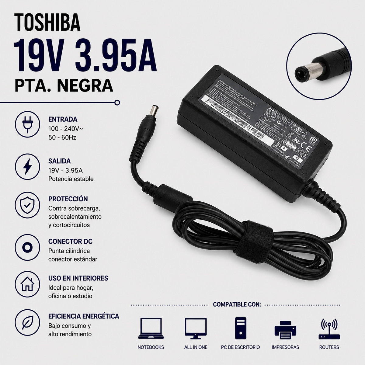 Cargador para Laptop Toshiba 19V 3.95A – Punta Negra