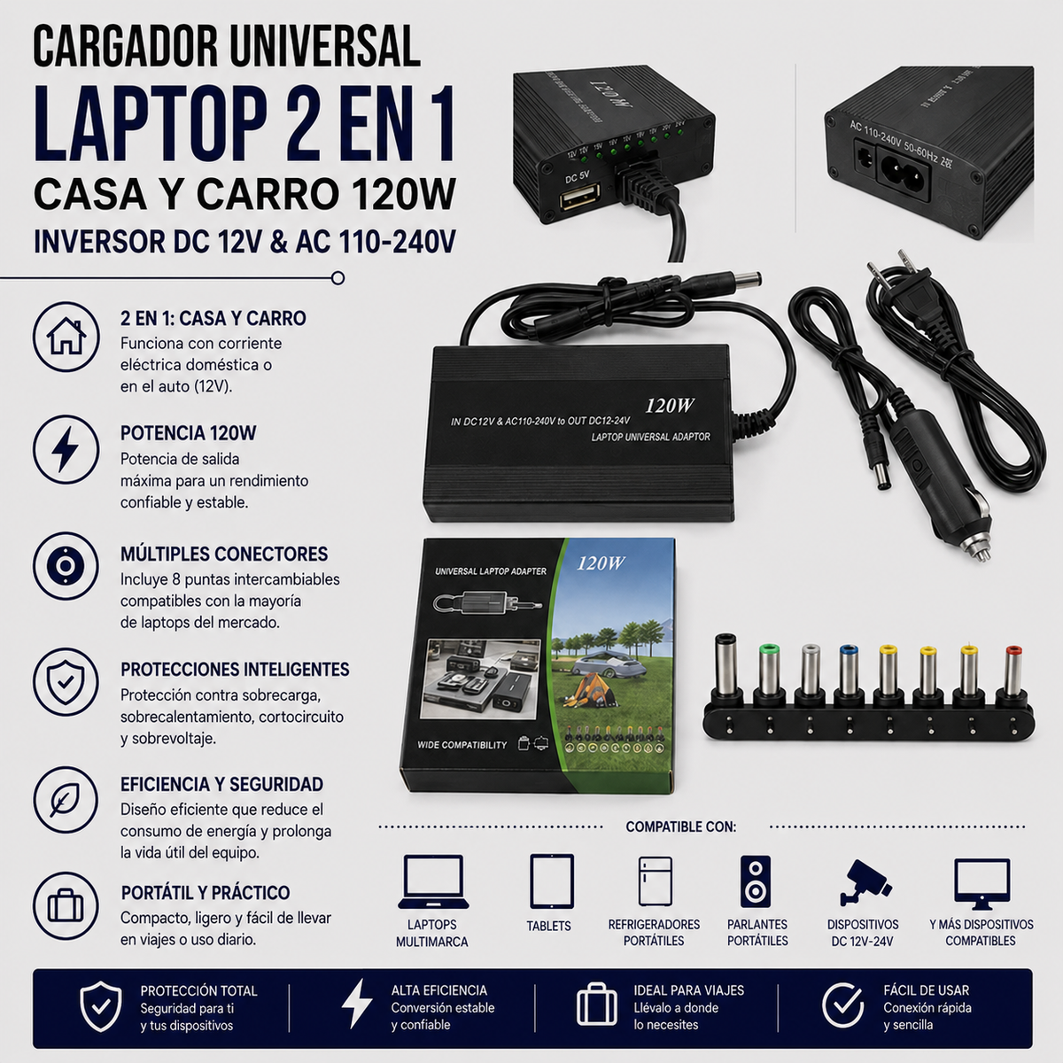 Cargador Universal para Laptop 2 en 1 Casa y Auto 120W – DC 12V & AC 110–240V