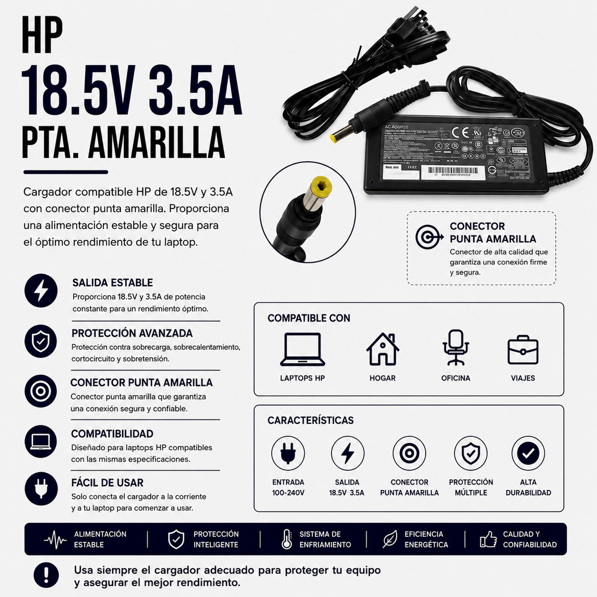 Cargador para Laptop HP 18.5V 3.5A – Punta Amarilla