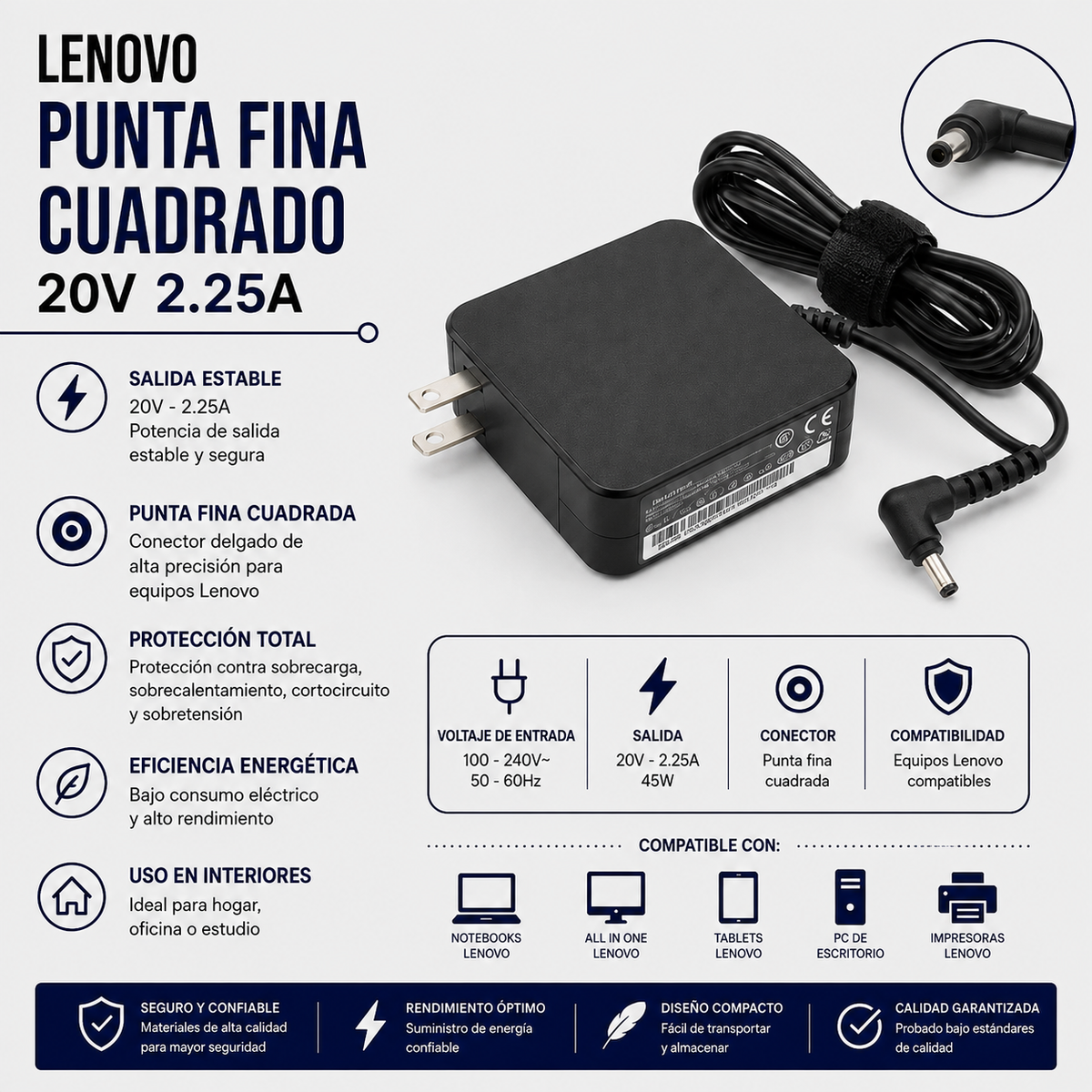 Cargador para Laptop Lenovo 20V 2.25A – Punta Fina Cuadrada