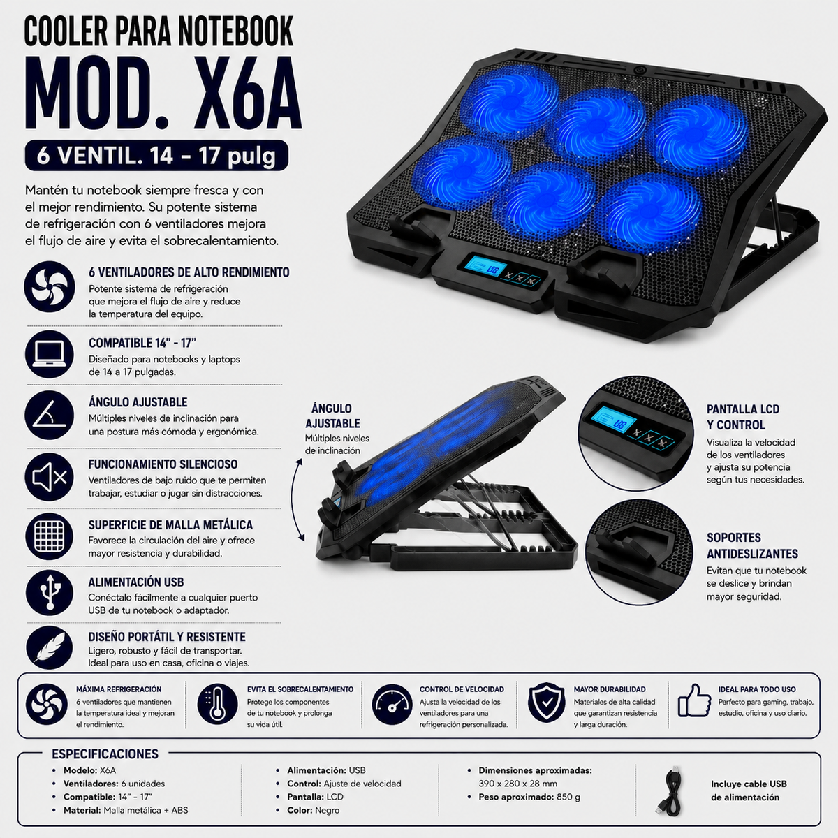 COOLER PARA NOTEBOOK MOD. X6A 6 VENTIL. 14 - 17 pulg