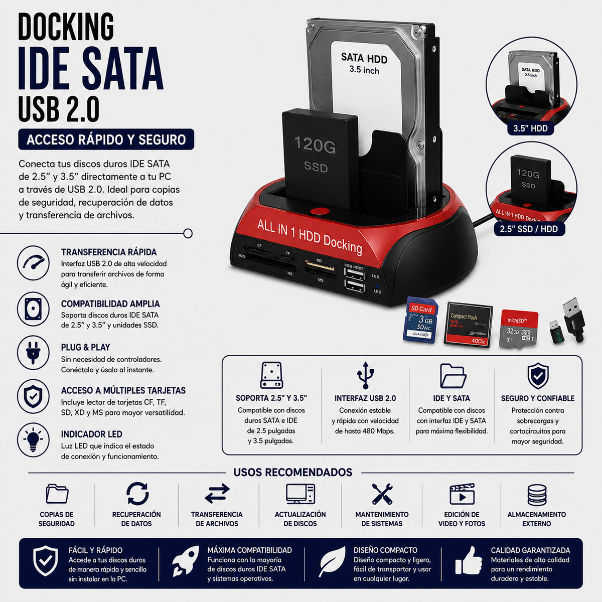 Docking Station SATA USB 2.0 para HDD/SSD – Lector de Tarjetas Todo en Uno