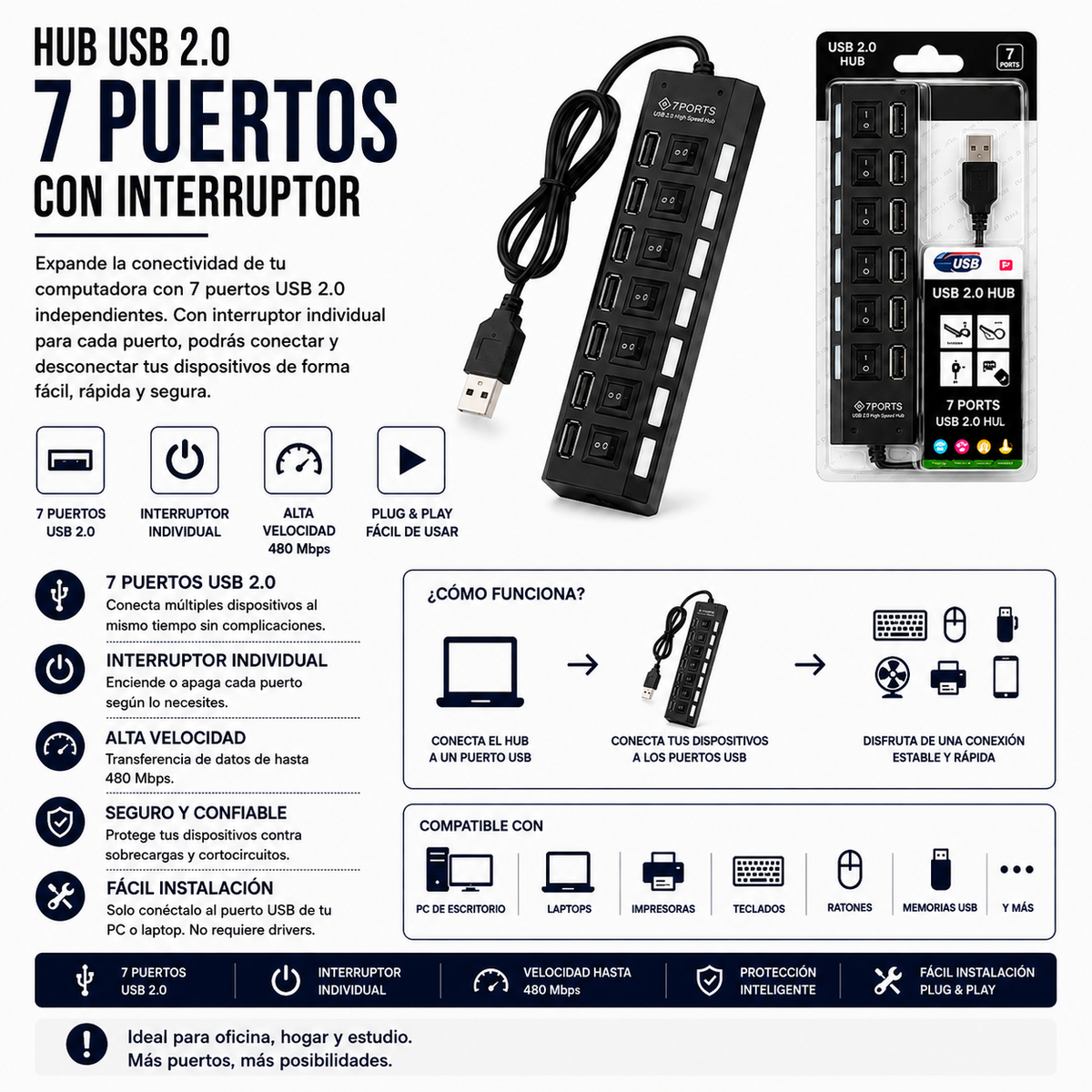 Hub USB 2.0 de 7 Puertos con Interruptores Individuales