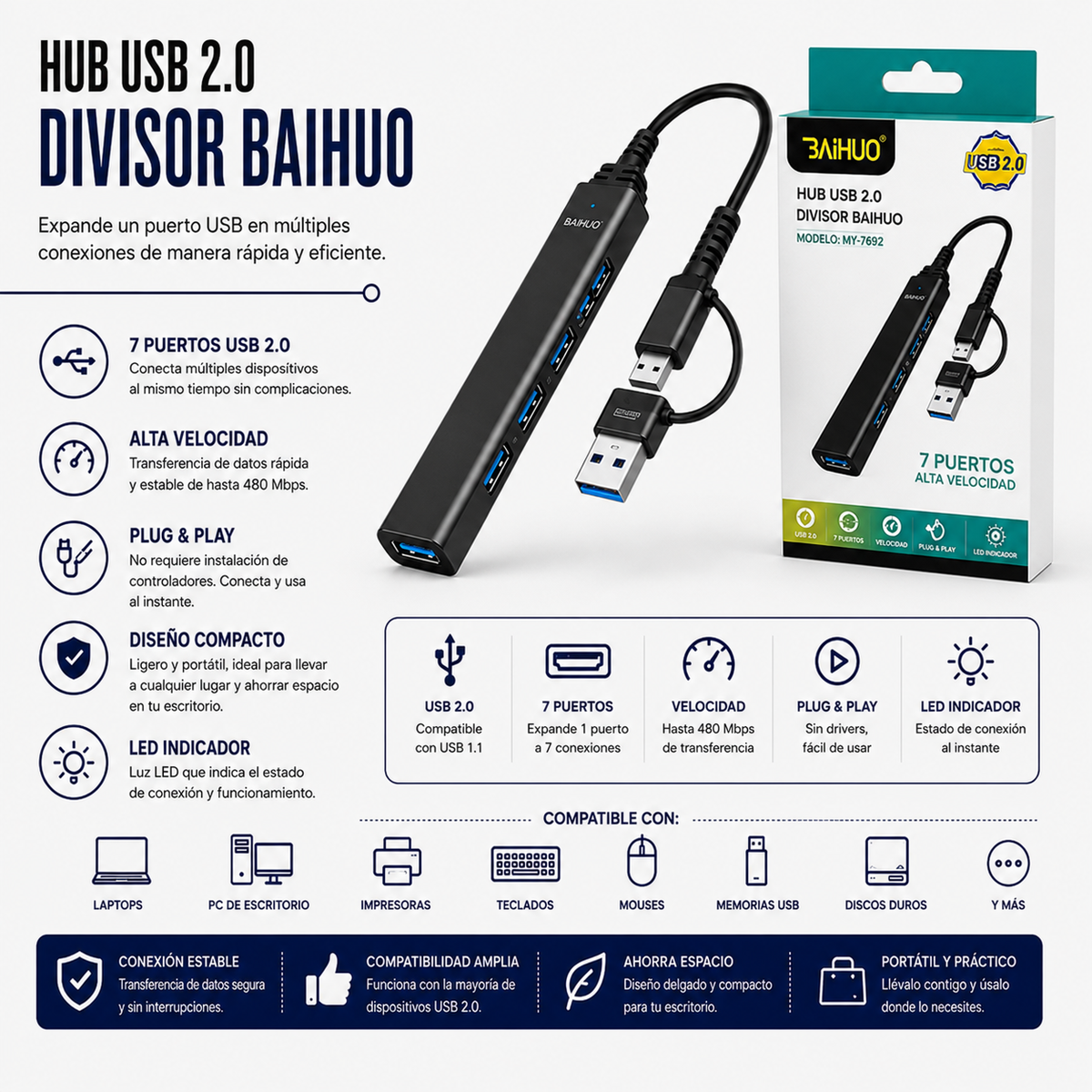 Hub USB Baihuo MY-7692 – 4 Puertos USB 3.0 con USB-A y USB Tipo-C