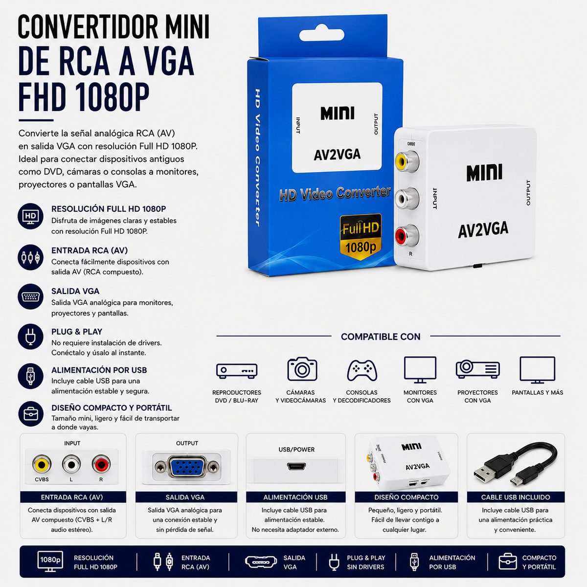 Convertidor Mini RCA (AV) a VGA Full HD 1080P